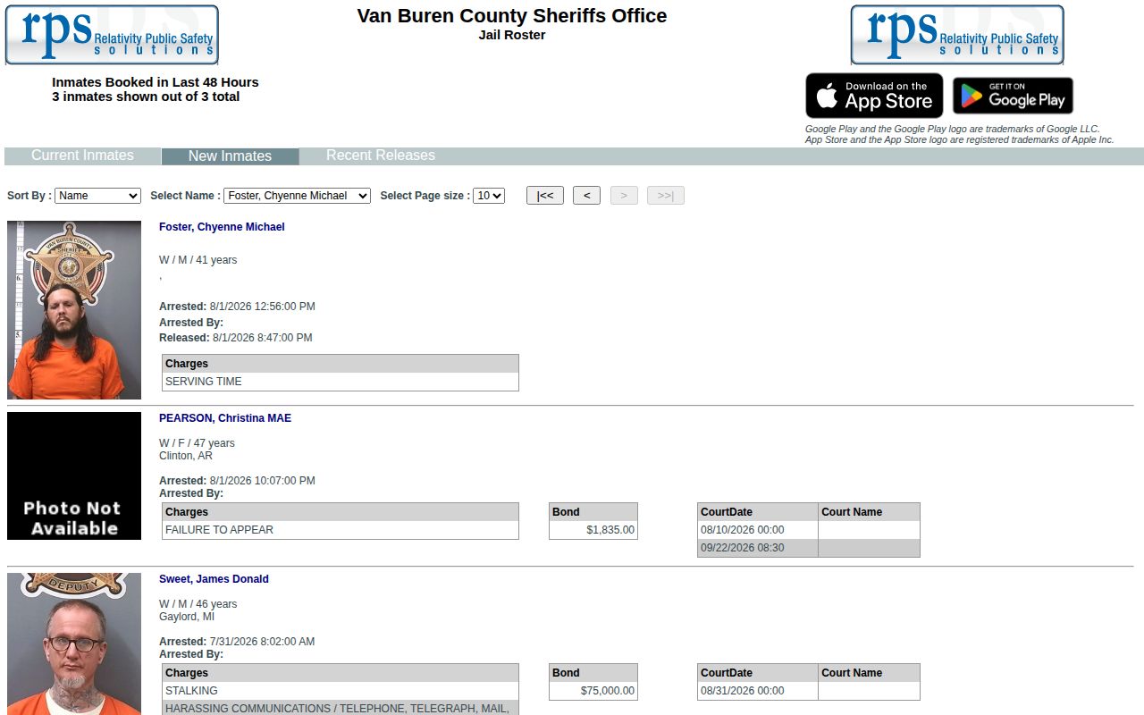 Van Buren County new inmate feed contrasted with 72-hour release records