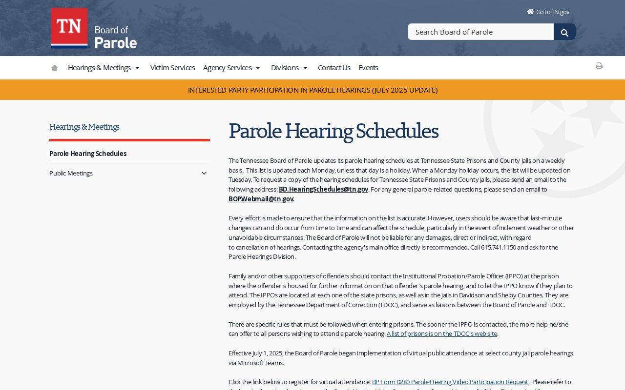 Van Buren County parole hearing schedule request instructions