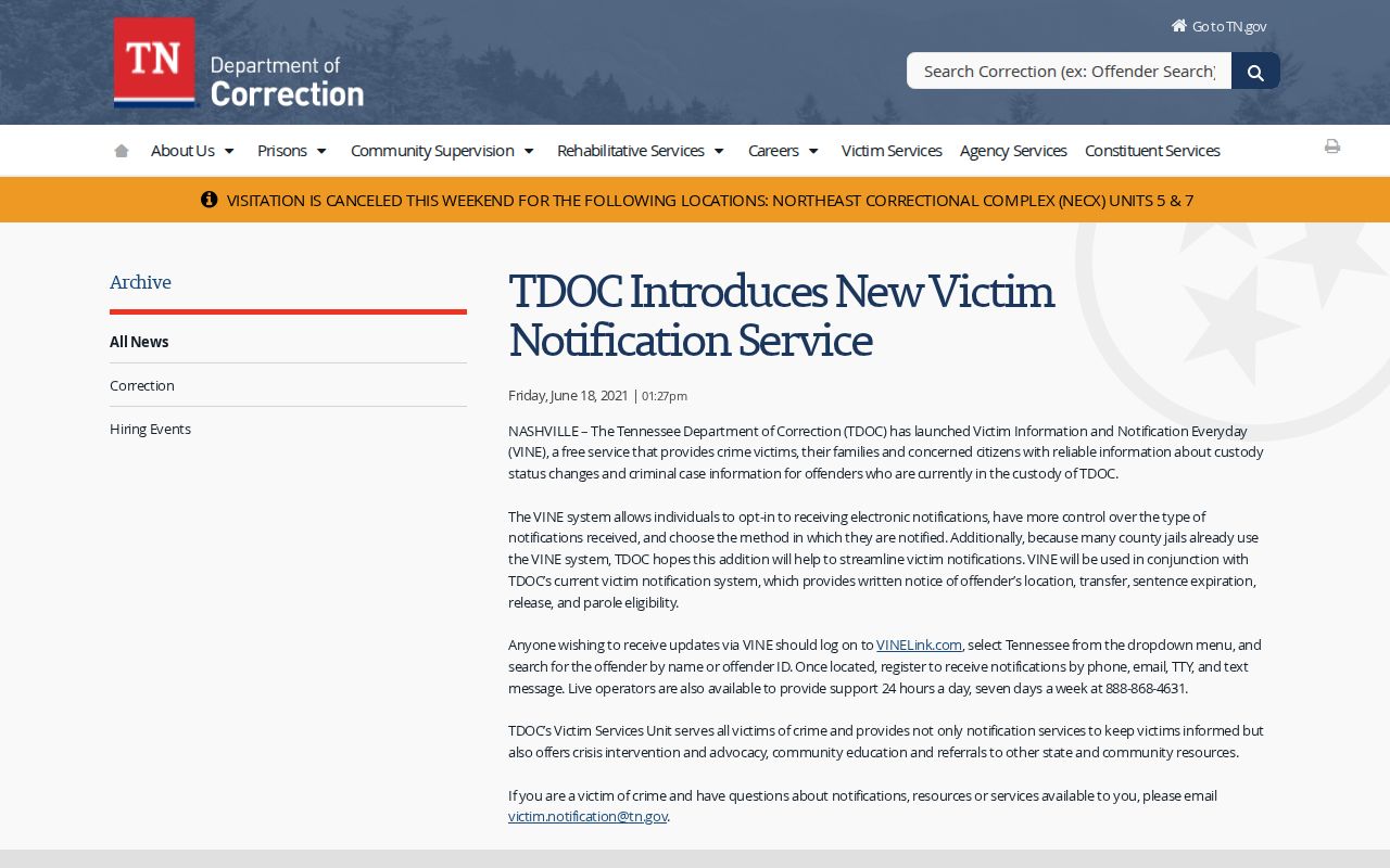 Van Buren County VINELink release notification coverage in Tennessee